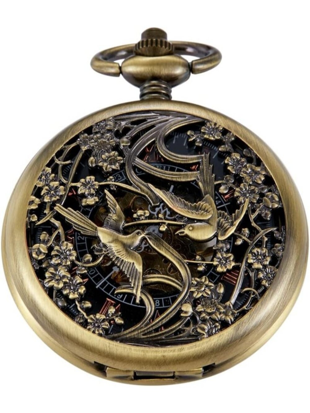 Men's Black Bronze Two Swallows Skeleton Roman Numerals Mechanical Pocket Watch